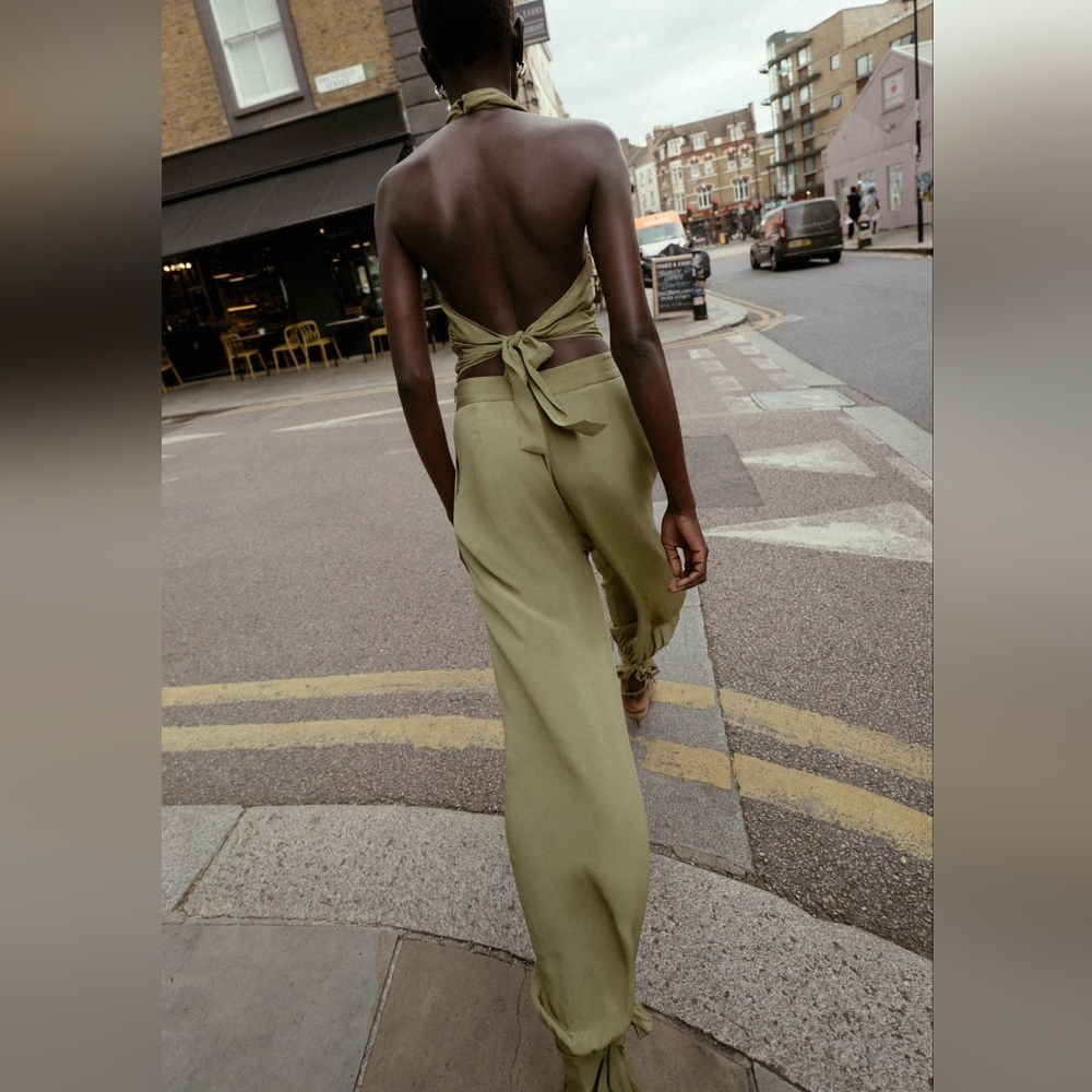 Zara Set Halter Top Tie Back Sz M+ cuffed balloon pants Sz L light khaki Nwt - Picture 12 of 14
